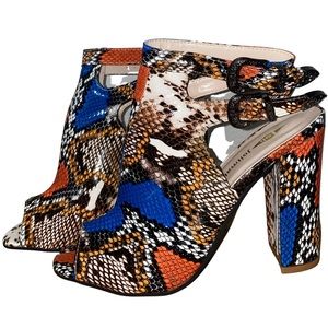 Multi-colored snakeskin open-toe booties